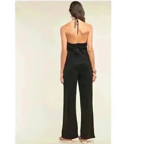 BLACK SUEDE Eyelet Embroidered Trim Self-Tie Halter Neck Open Back Jumpsuit - Picture 5 of 8